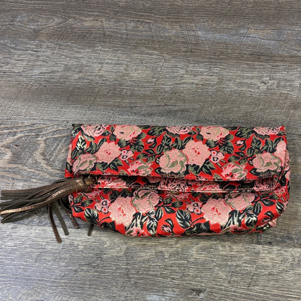 NEW Miss Albright Red Floral Brocade Foldover Clutch with Tassel -Anthropologie